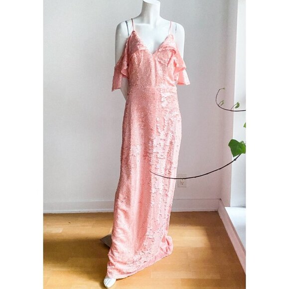 A.B.S Alan Shwartz Peach Pink All Sequin Off The Shoulder MAxi Gown 10 - Picture 3 of 7